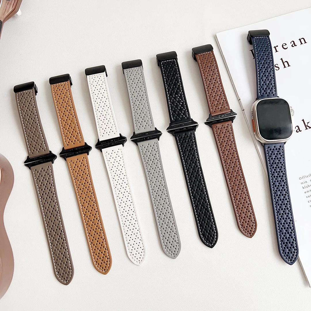 适用苹果手表watch蜂窝孔洞iWatch/s9/8/7ultra2真皮磁吸平扣表带