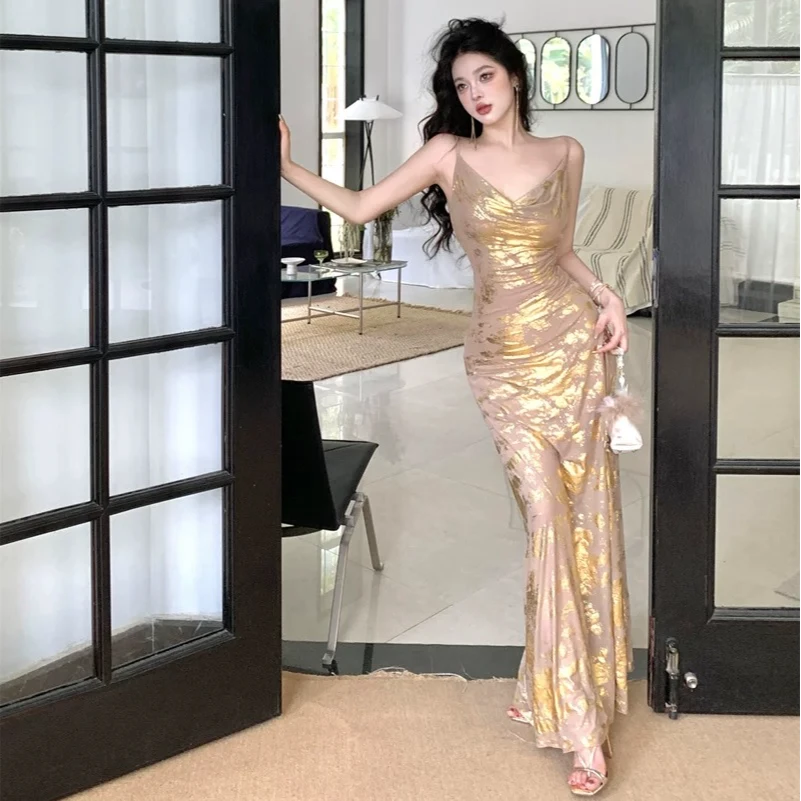 纯欲系带露背荡领吊带连衣裙女夏季金色性感长裙子紧身收腰包臀裙