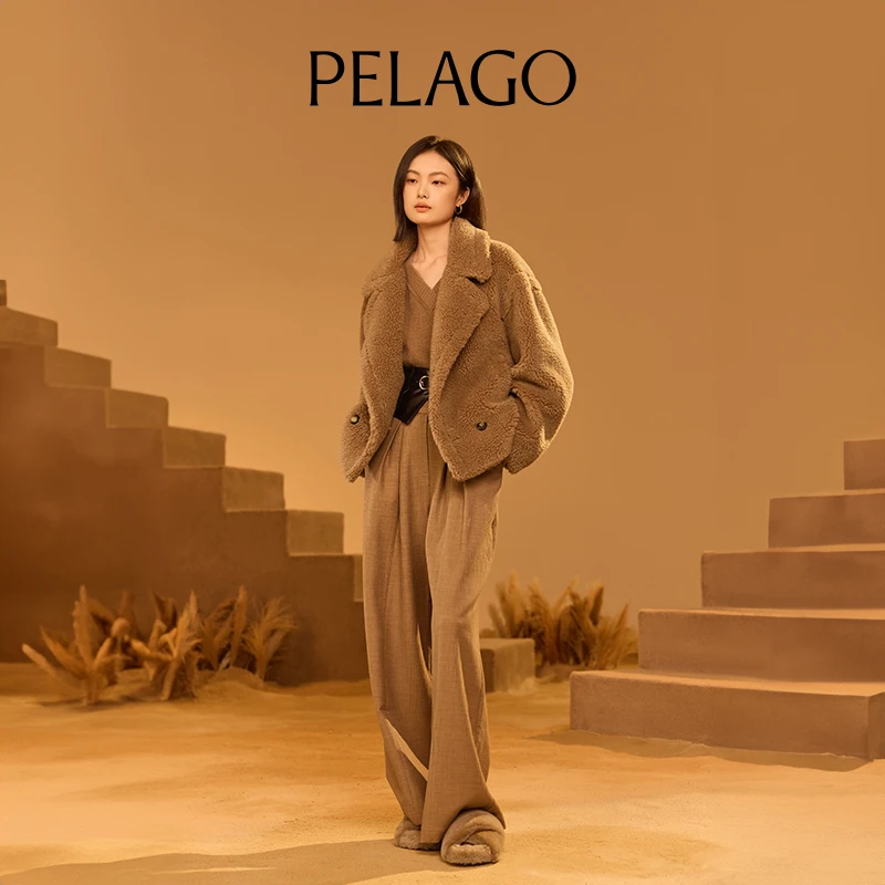 PELAGO佩拉戈高端驼绒泰迪短款时尚三色气质休闲通勤女士毛呢外套