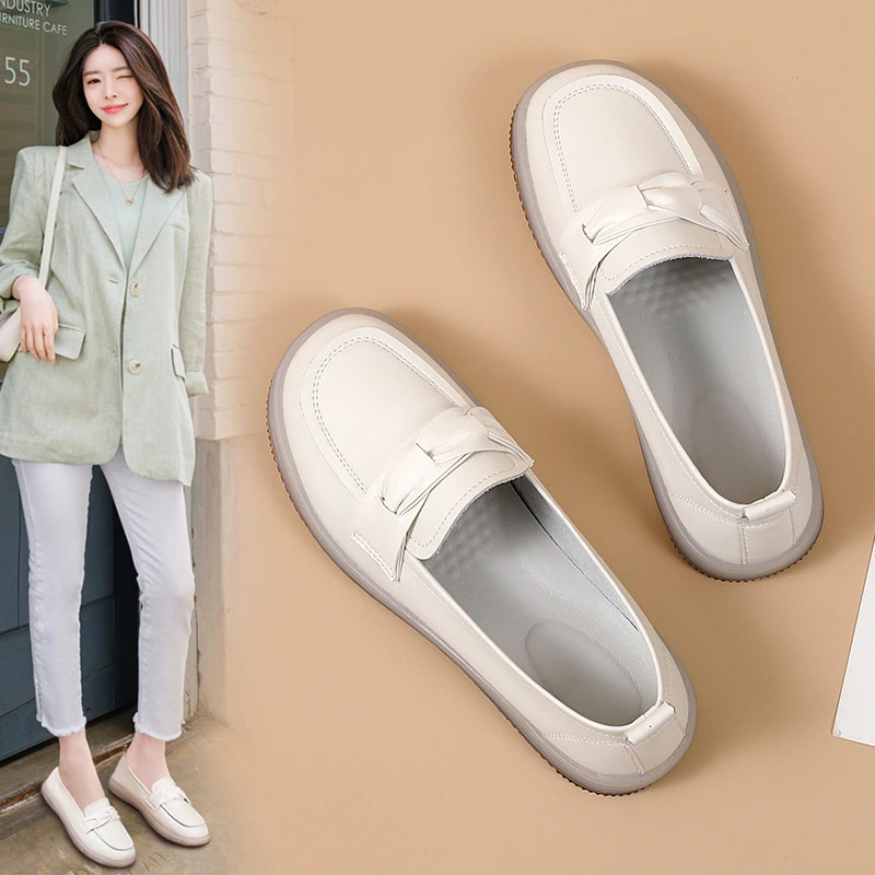 真皮平底乐福单鞋女新款春季休闲百搭牛筋底软底一脚蹬小白鞋