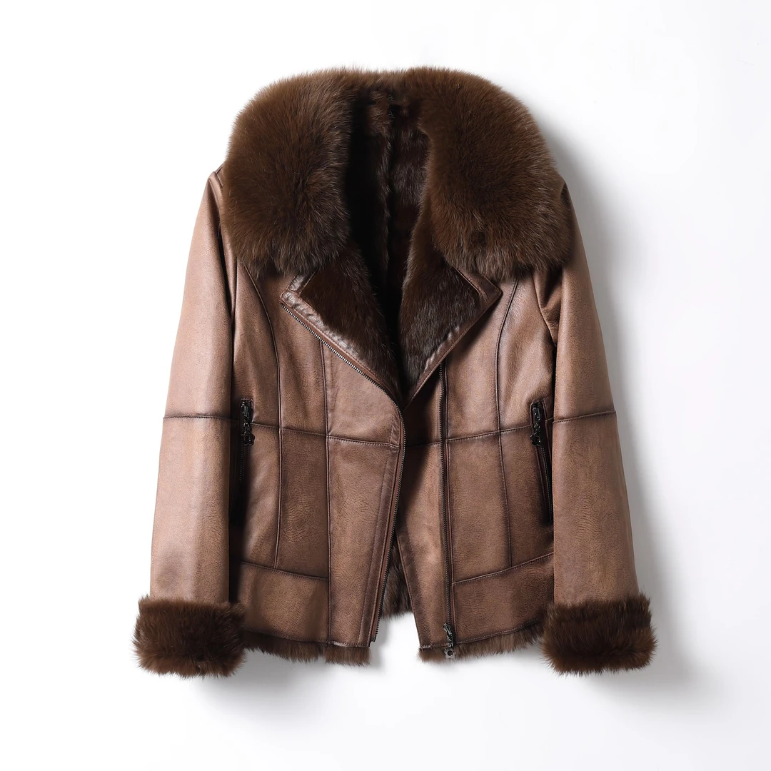 【海宁】冬季皮毛一体兔毛狐狸毛领保暖修身时尚百搭简约加厚外套