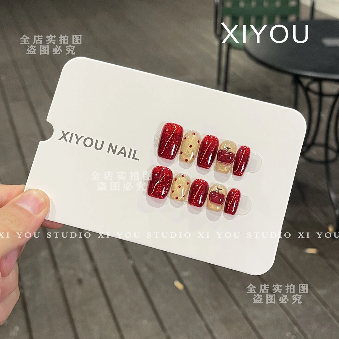 【小苹果】纯手工穿戴甲新年手绘猫眼显白气质款美甲贴片SEEU0106