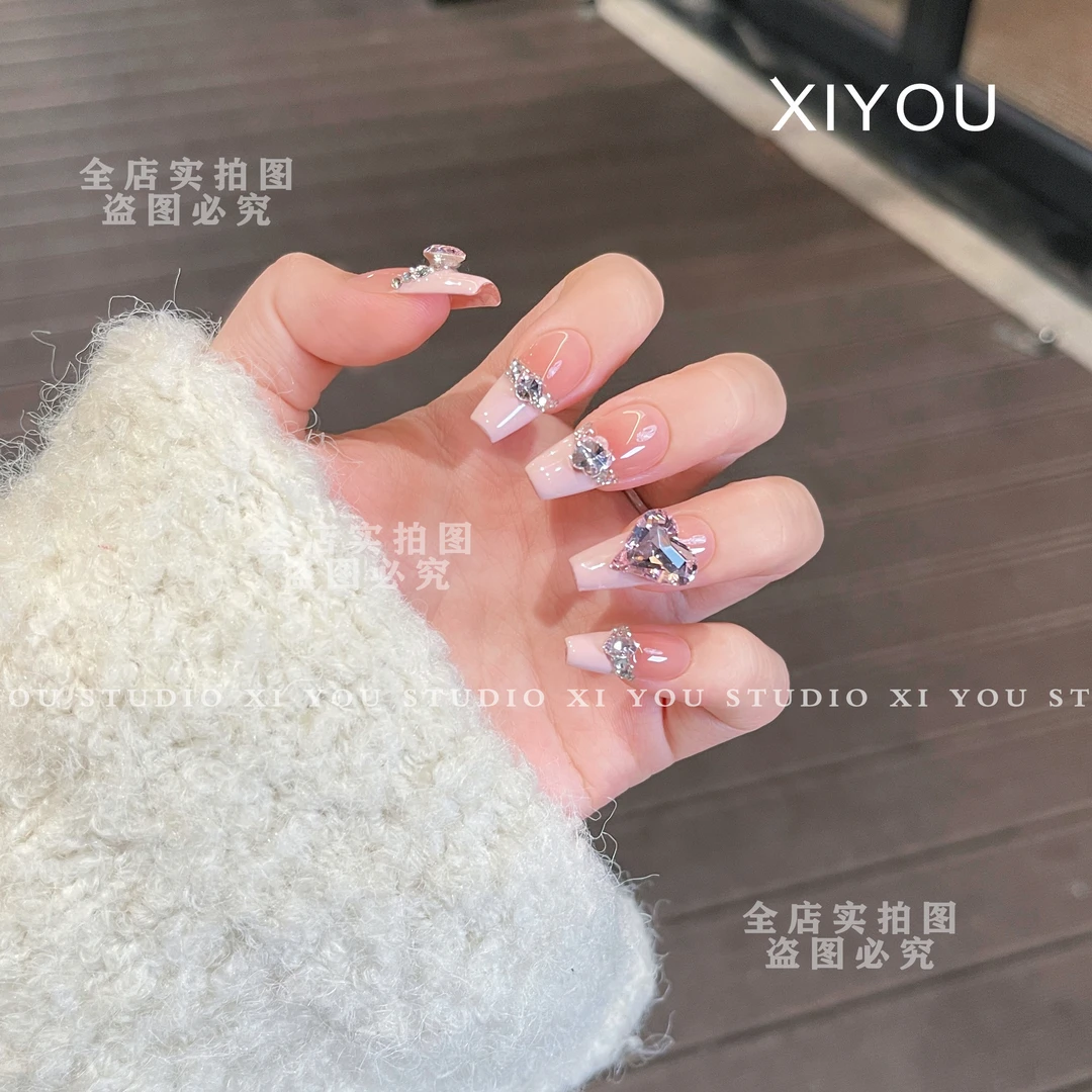 【蜜桃歪心】（东洲钻）纯手工穿戴甲满钻爆闪腮红法式款美甲贴片