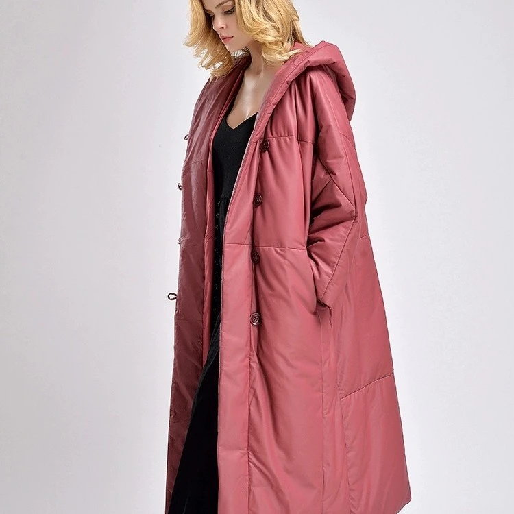 E1150 2024冬新款长款进口绵羊皮真皮皮衣女白鹅绒羽绒服连帽外套