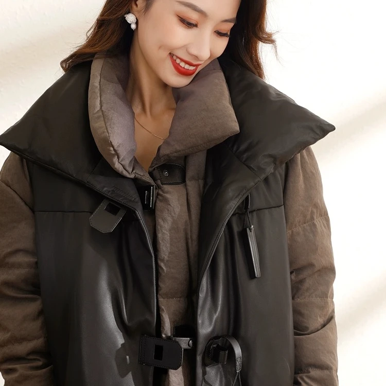 E2117 进口绵羊皮真皮皮衣女长款白鹅绒羽绒服二件套一衣三穿保暖