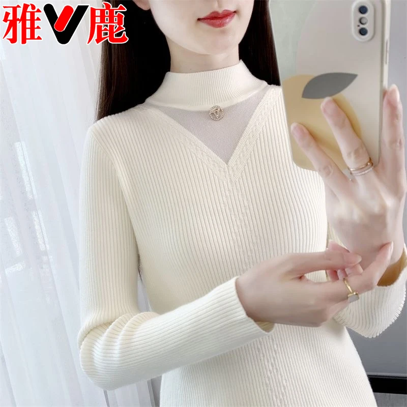 V/雅鹿秋冬白色打底毛衣女2023年宽松套头半高领毛衣针织长袖百搭