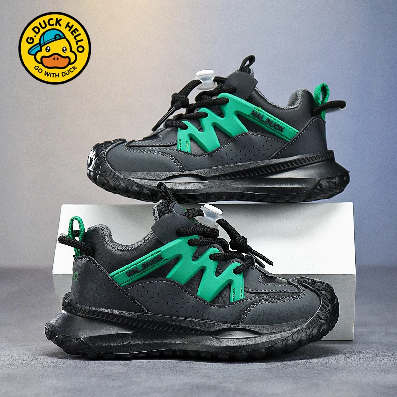 小黄鸭男童皮面运动鞋2024秋冬新款中大童女童网面透气防踢跑步鞋