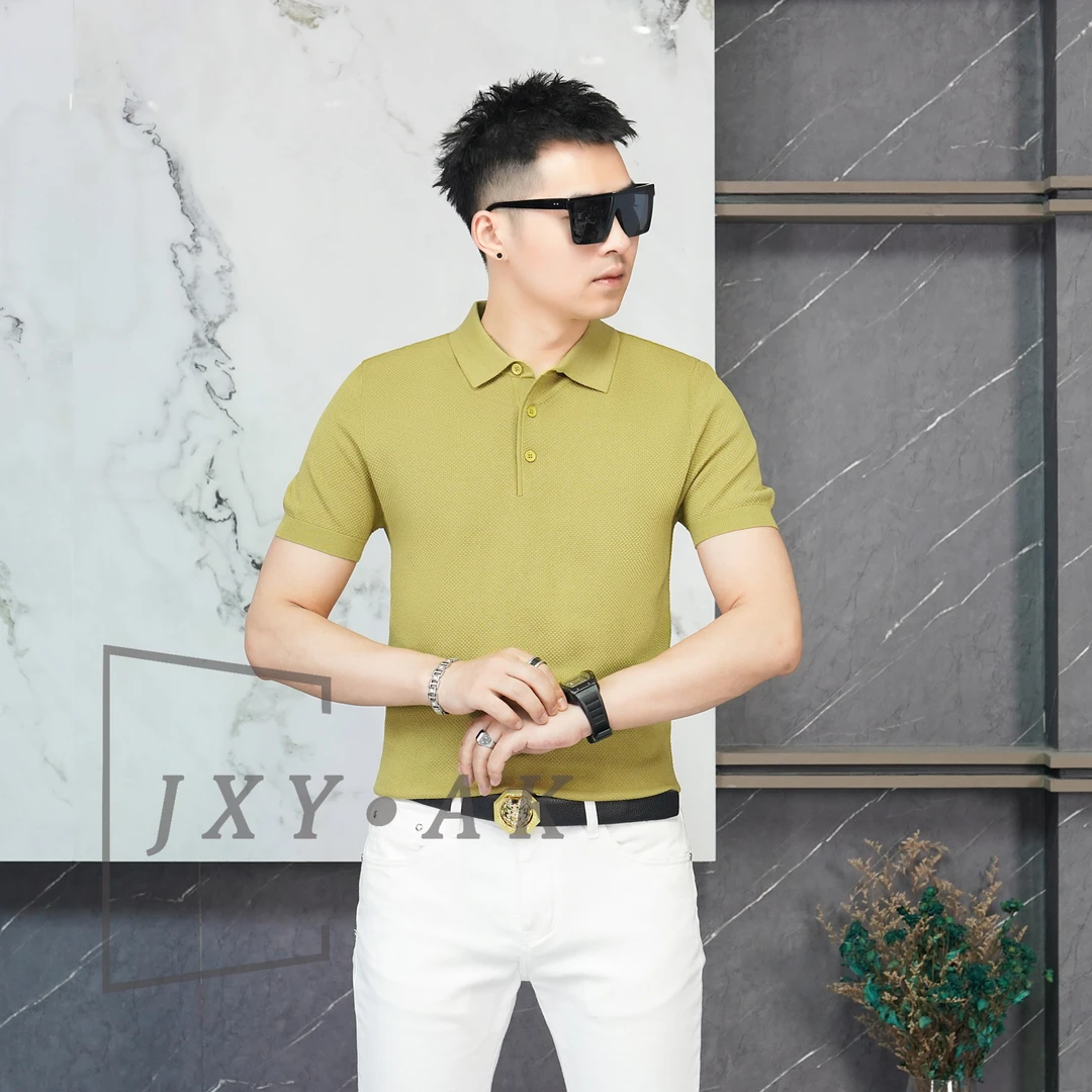 AK品牌/2024夏季新款男士翻领百搭纯色潮流个性胸标针织POLO衫