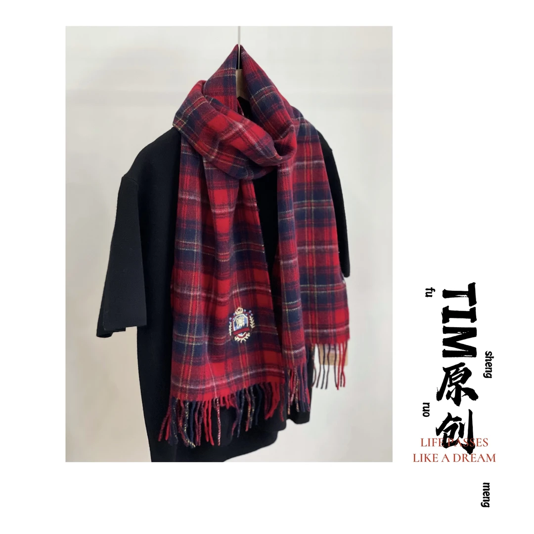 【180*35】轻奢绵羊毛刺绣红格子围巾 冬季韩版加厚保暖围脖