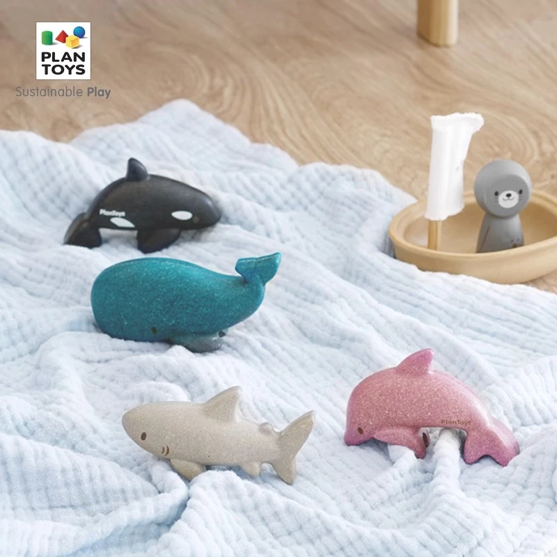 泰国plantoys木制儿童玩具小恐龙摆件野生动物海洋生物套装