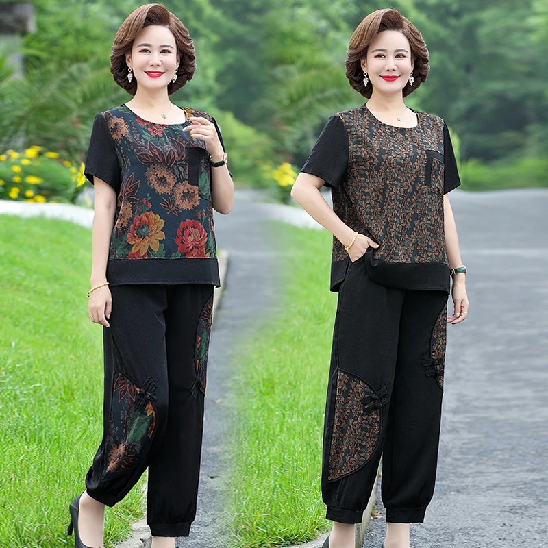 妈妈装夏季宽松休闲拼接短袖套装中年遮肉显瘦套装