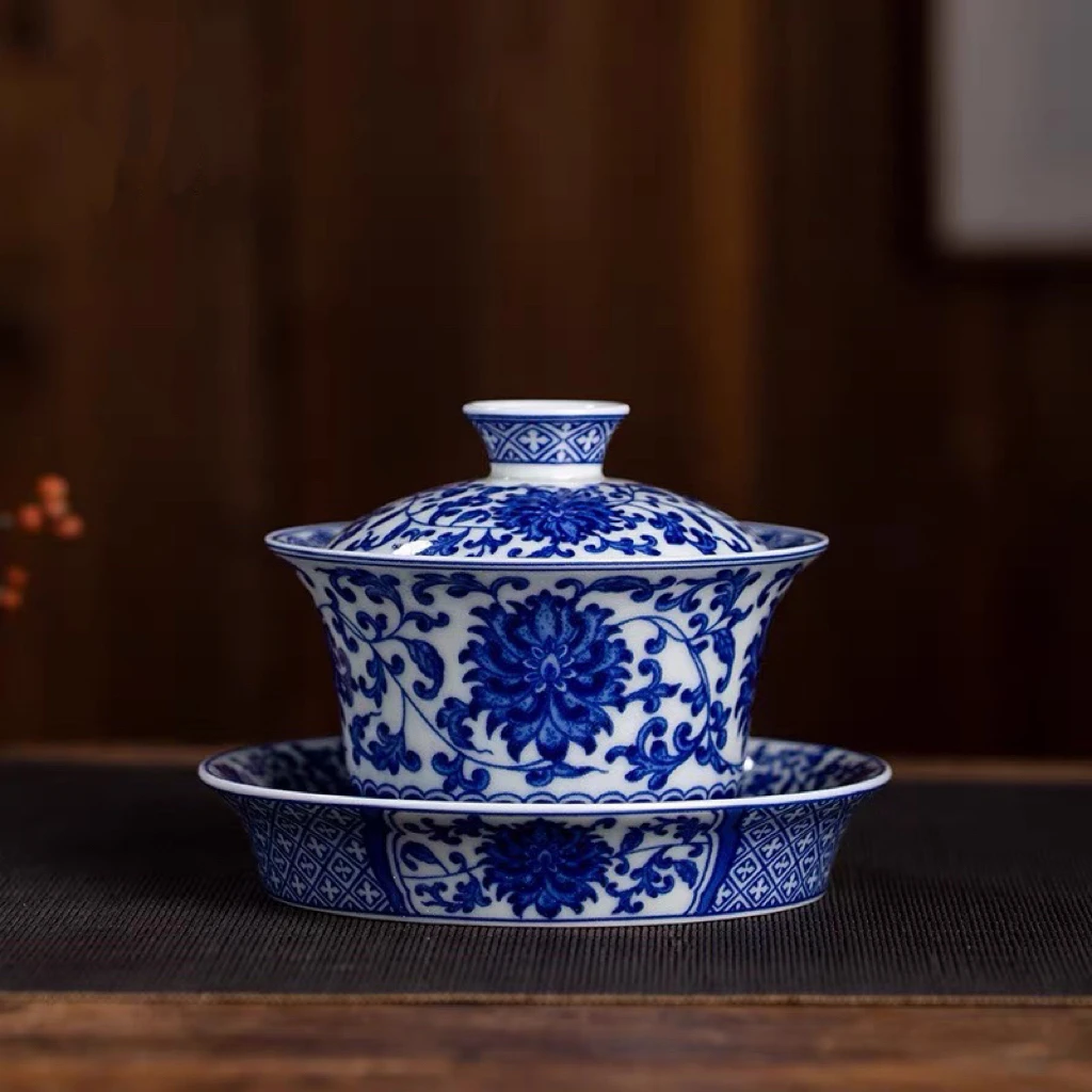 景德镇陶瓷七丞堂青花缠枝莲三才马蹄单个盖碗不烫手泡茶碗大号茶