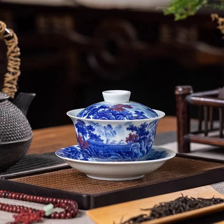 景德镇七丞堂手工手作青花釉里红清流胜境盖碗主人杯客杯盖置茶漏