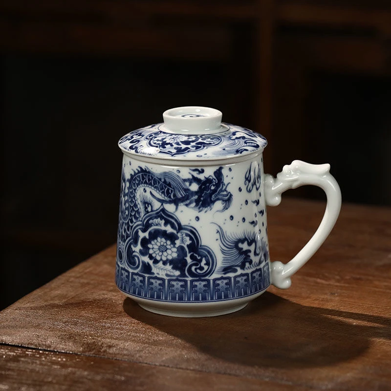 景德镇仿古青花办公杯陶瓷茶水分离杯带盖带过滤泡茶杯会议杯水杯