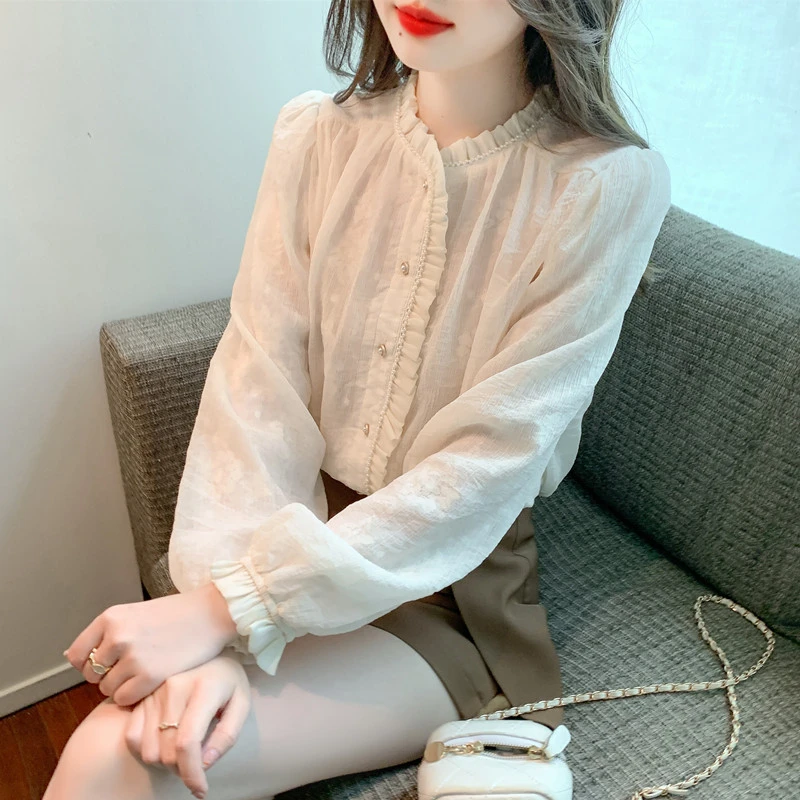 法式木耳边雪纺衬衫早秋女装设计感提花立领衬衣宽松显瘦长袖上衣