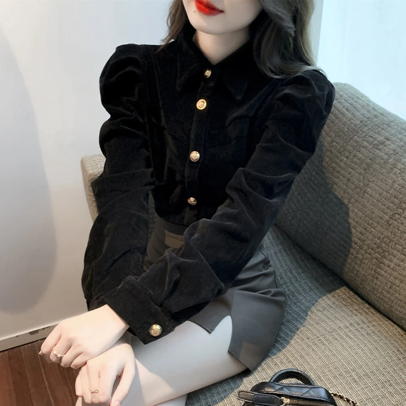 复古宫廷风黑色丝绒衬衫女设计感小众秋冬季修身泡泡袖别致小上衣