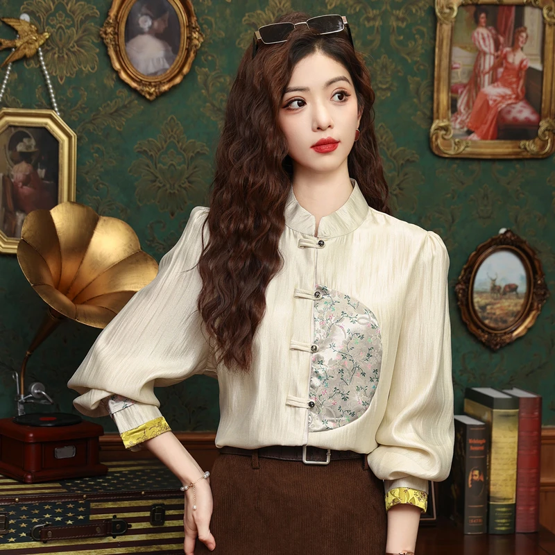 欧货新中式国风刺绣盘扣衬衫女2024秋秋款高级感时尚立领小衫上衣