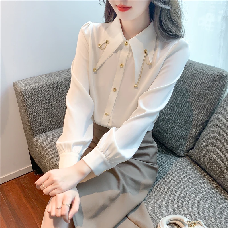 法式高级感尖领衬衫女2024春装新款洋气雪纺衬衣时尚链条拼接上衣