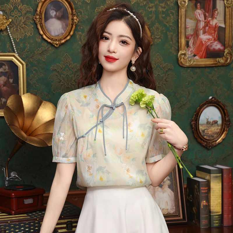 新中式立领碎花雪纺衫女夏季国风盘扣泡泡短袖上衣设计感提花小衫