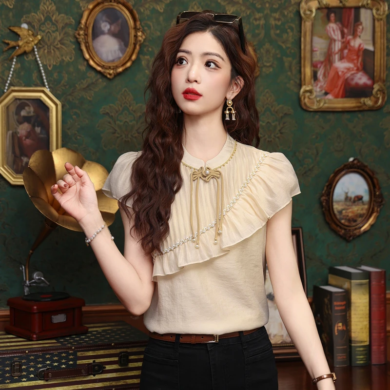 新中式国风盘扣雪纺衬衫女夏季新款小衫洋气时尚减龄别致漂亮上衣