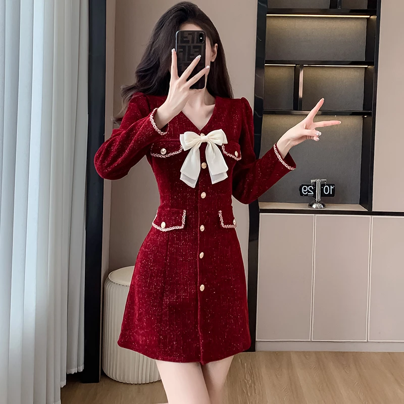小礼服小众高端订婚回门敬酒新娘平时可穿小香风红色连衣裙女秋冬