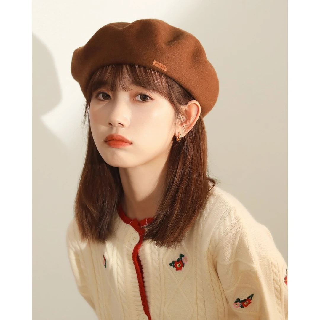高品质羊毛贝雷帽女生韩版咖啡色蓓蕾帽子百搭文艺复古画家帽冬季