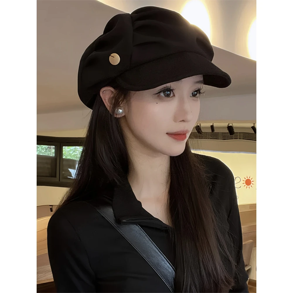 云朵帽子女日系褶皱休闲百搭八角帽大头围贝雷帽英伦风洋气画家帽