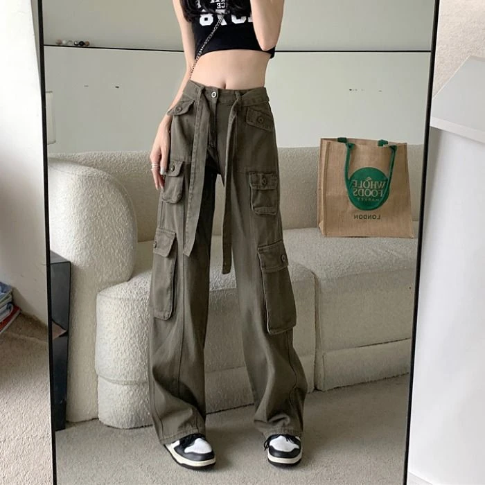 高街美式工装裤子女牛仔裤春季小个子显瘦高腰宽松直筒阔腿长裤