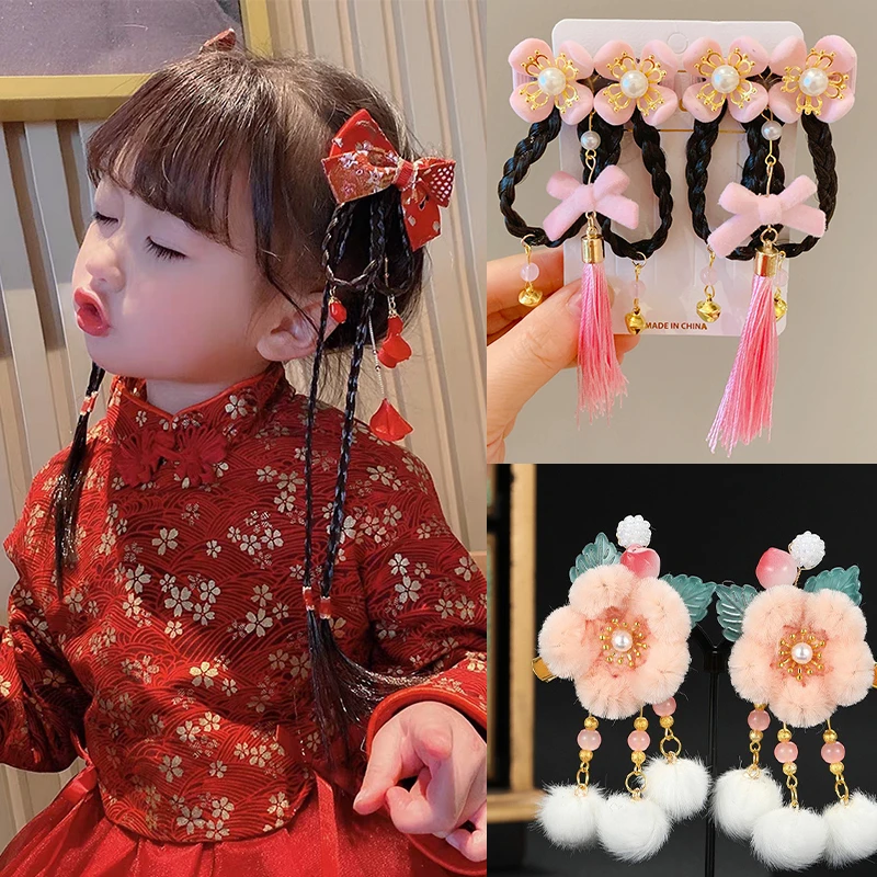 女童古风发饰过年红色汉服头饰儿童新年发卡中国风小女孩拜年发夹