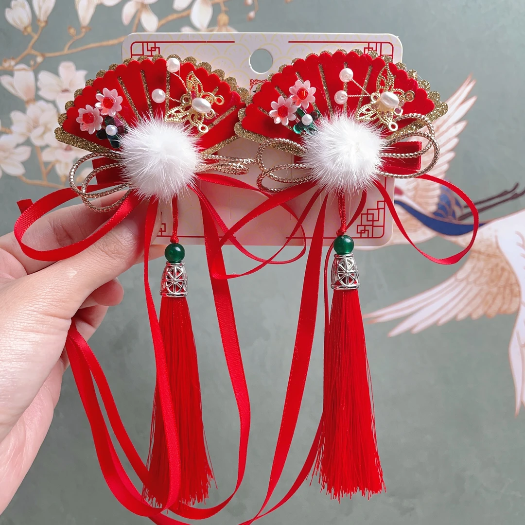 汉服儿童头饰中国风发夹小女孩新年发饰女童扇子飘带发卡古风发饰