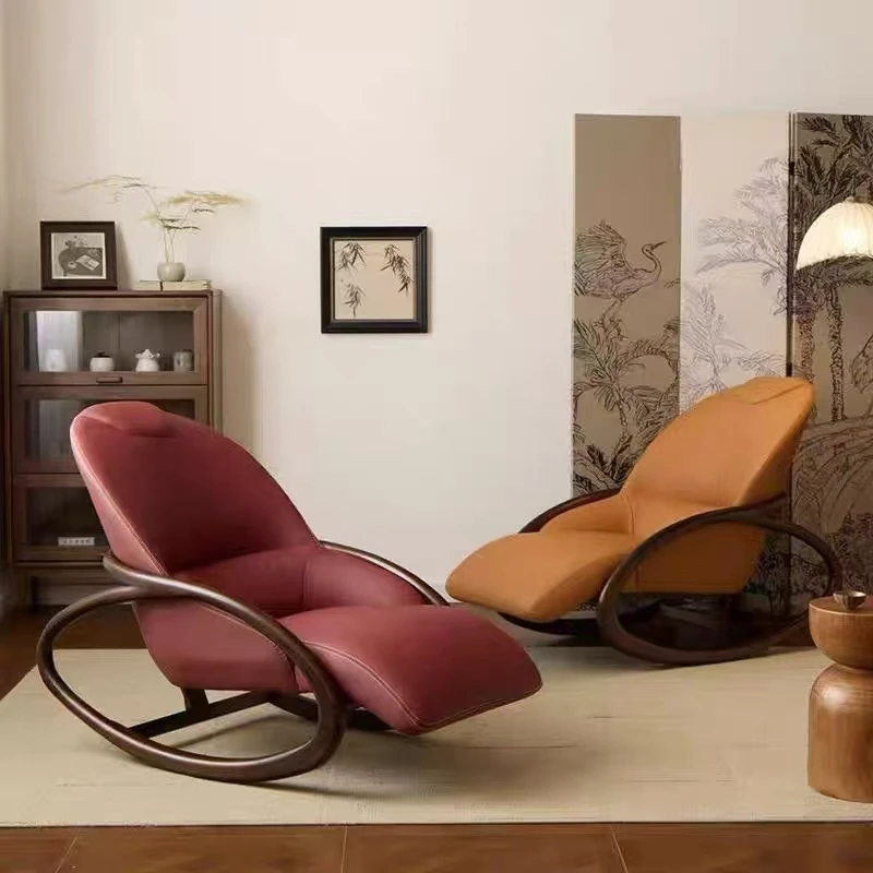 霸气扶手摇摇椅【头层牛皮】乌金木意式极简真皮家用摇摇椅懒人沙发