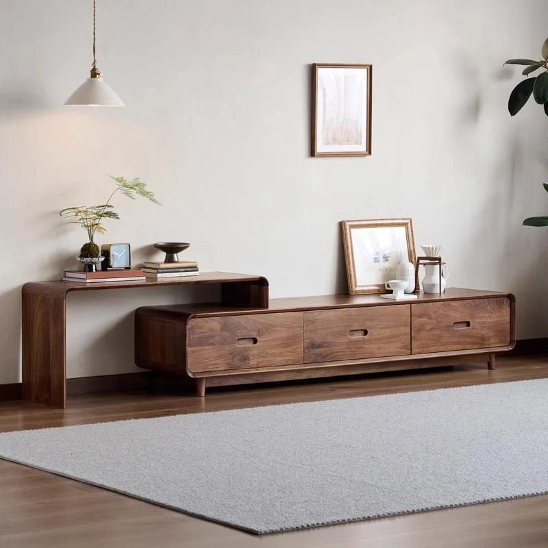 北美黑胡桃木新中式落地电视柜组合伸缩客厅实木柜子小户型视听柜