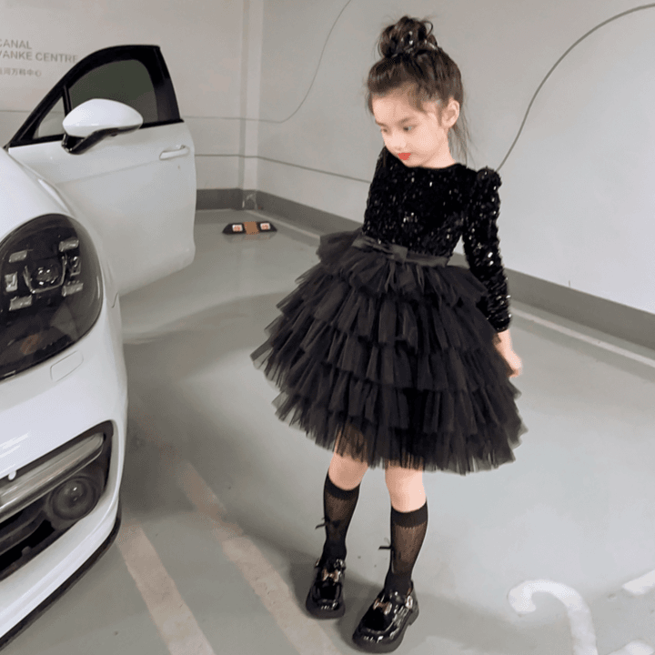 女童秋冬赫本风小黑裙儿童新款蓬蓬纱裙走秀生日钢琴演出服蛋糕裙