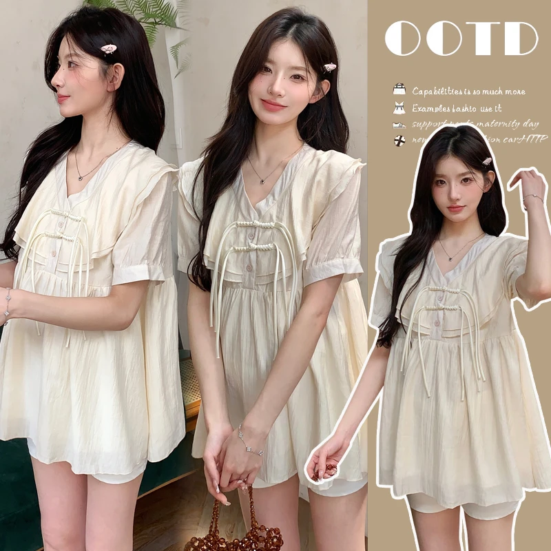夏季新款孕妇套装气质复古盘扣娃娃衫托腹短裤两件套洋气宽松上衣