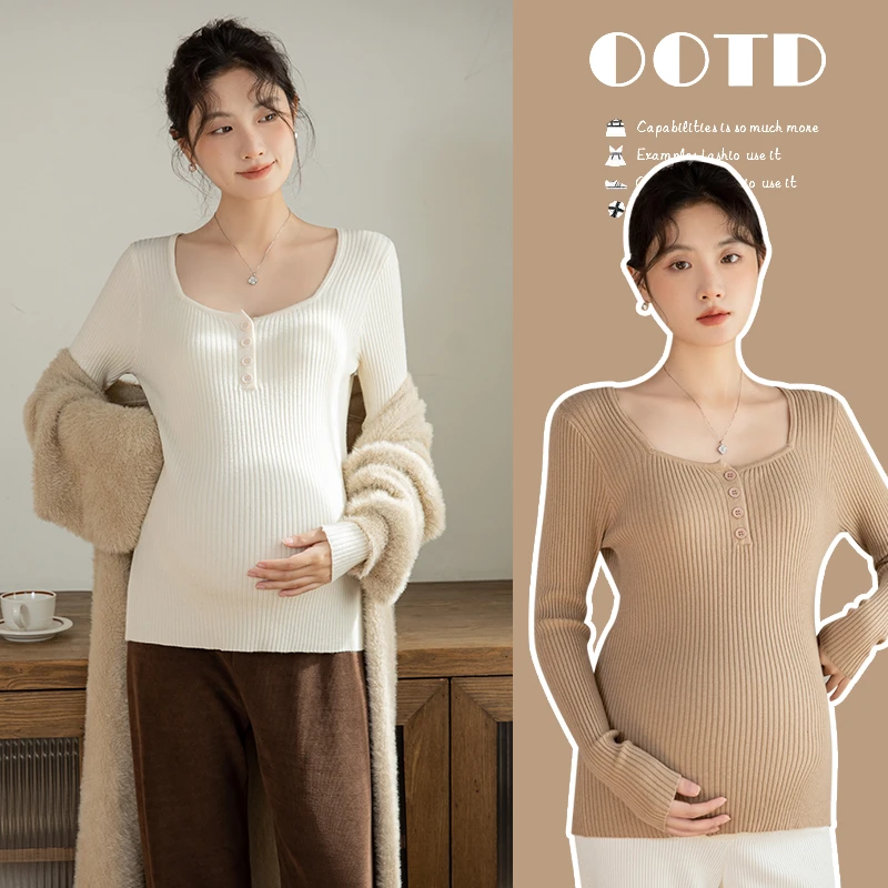 秋冬方领有扣百搭打底上衣孕妇装大码孕妇春秋显瘦长袖修身打底衫