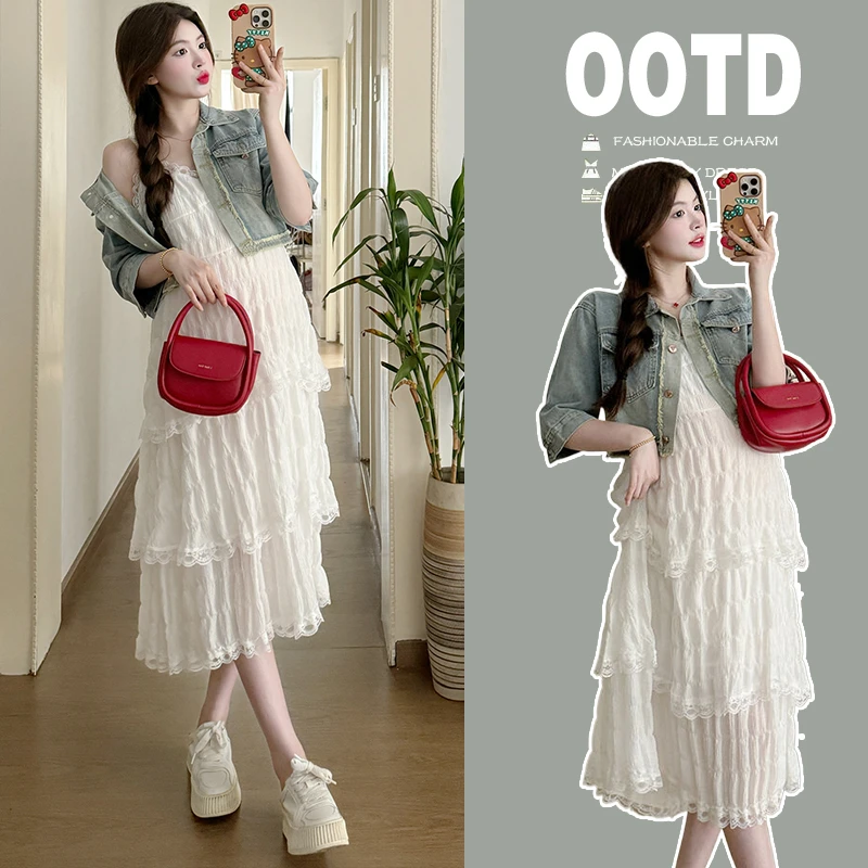 孕妇套装夏季宽松洋气复古牛仔外套吊带连衣裙减龄蛋糕裙两件套女