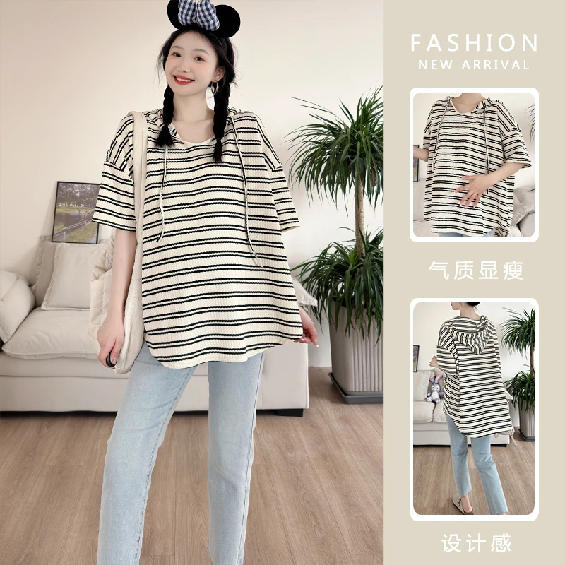 孕妇装夏季外穿连帽百搭经典条纹透气孕妇体恤衫大码时尚短袖上衣