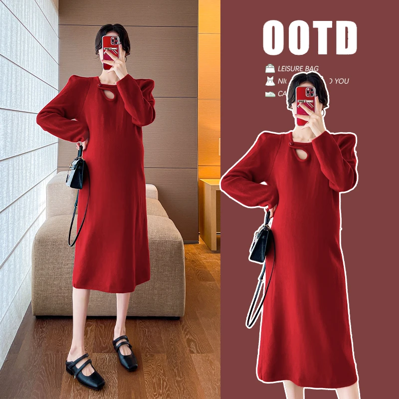 孕妇装加厚韩版孕妇连衣裙百搭打底裙时尚设计感针织毛衣裙女2801