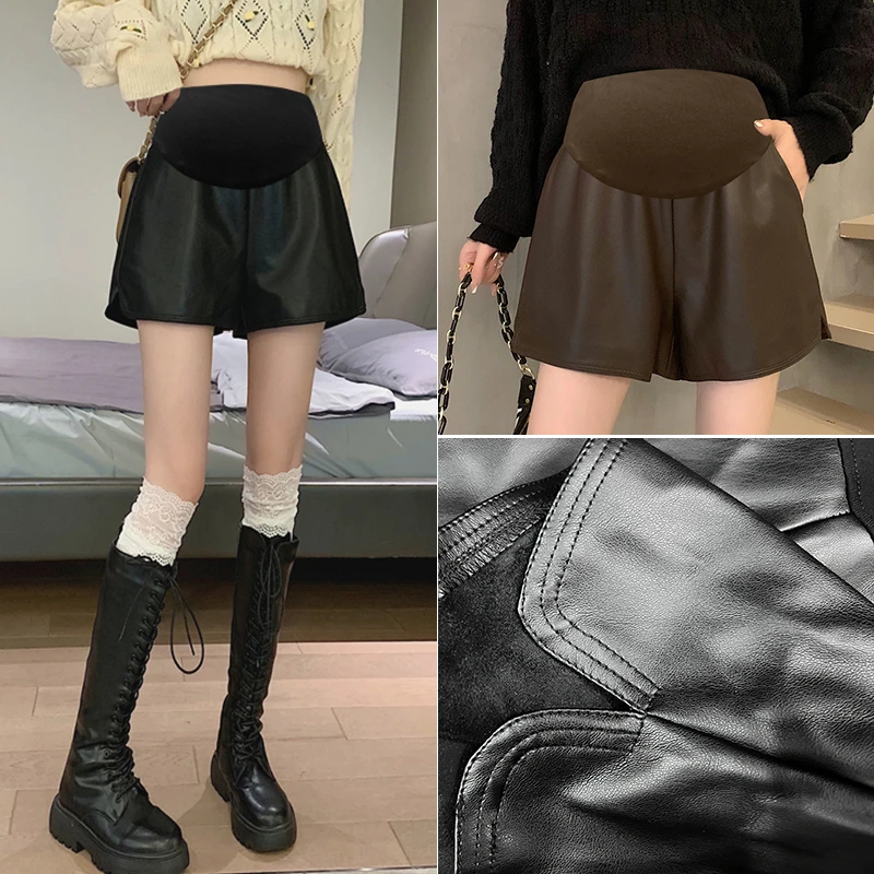 孕妇秋冬百搭面皮卡皮阔腿托腹裤靴短裤时尚款外穿加绒裤子 1172