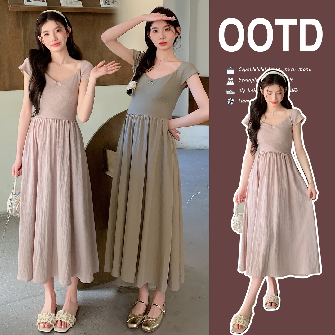 孕妇夏季纯色中长款显瘦中长款短袖孕妇连衣裙气质简约小个子裙子