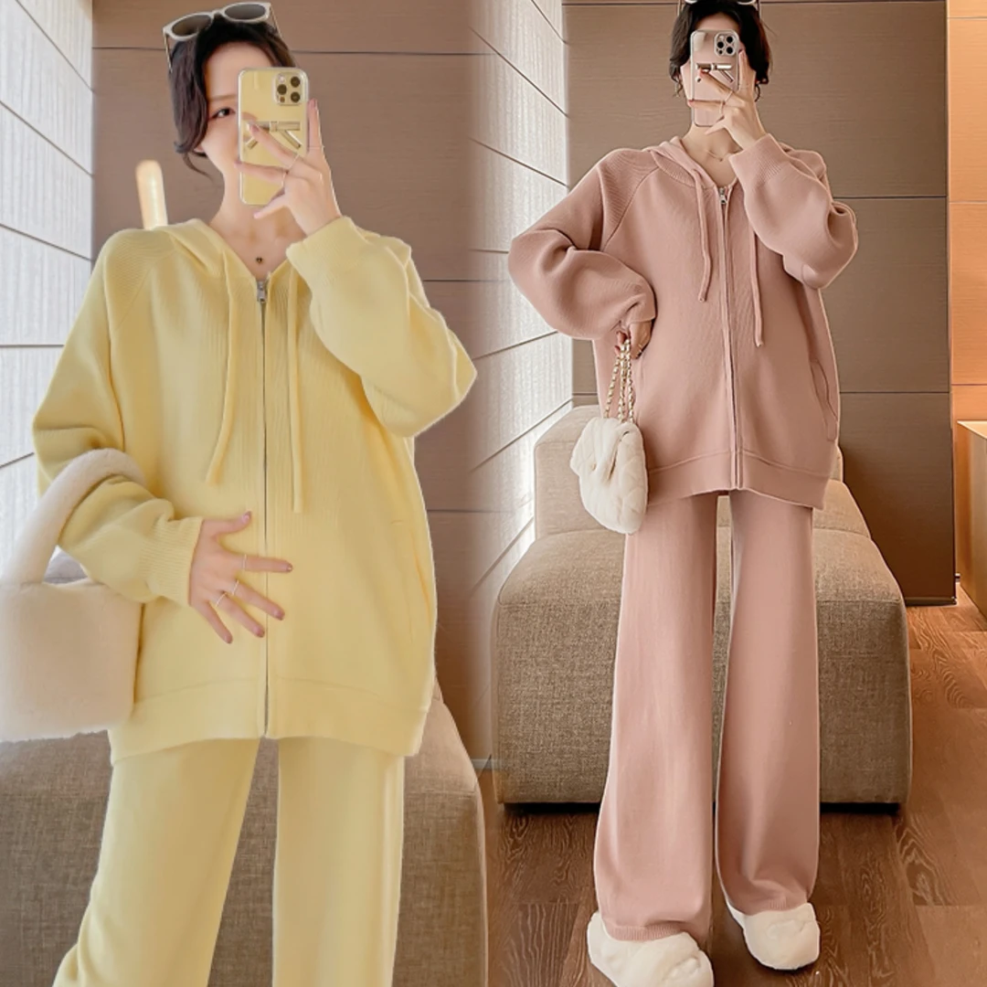 孕妈秋冬软糯亲肤拉链网红时尚毛衣休闲时尚孕妈毛衣宽松套装9866