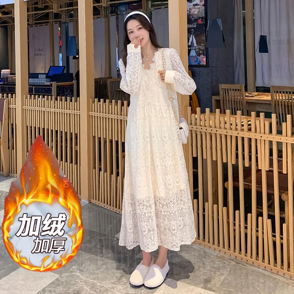 孕妇装秋款蕾丝连衣裙优雅过膝长款打底裙潮妈秋冬加绒裙子女6508
