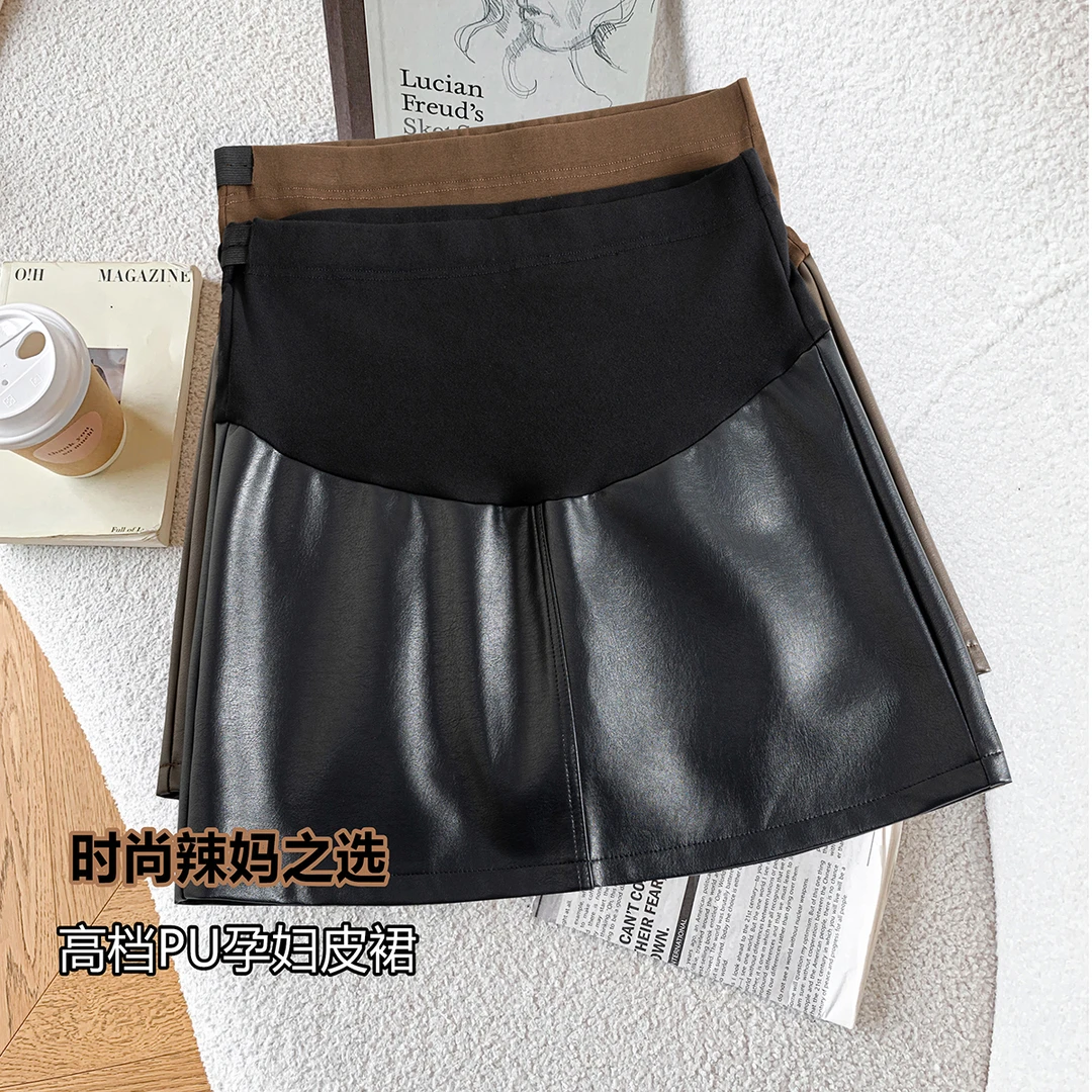 秋冬季新款PU皮裙显瘦孕妇A字短裙托腹包臀裙半身裙辣妈百搭裙子