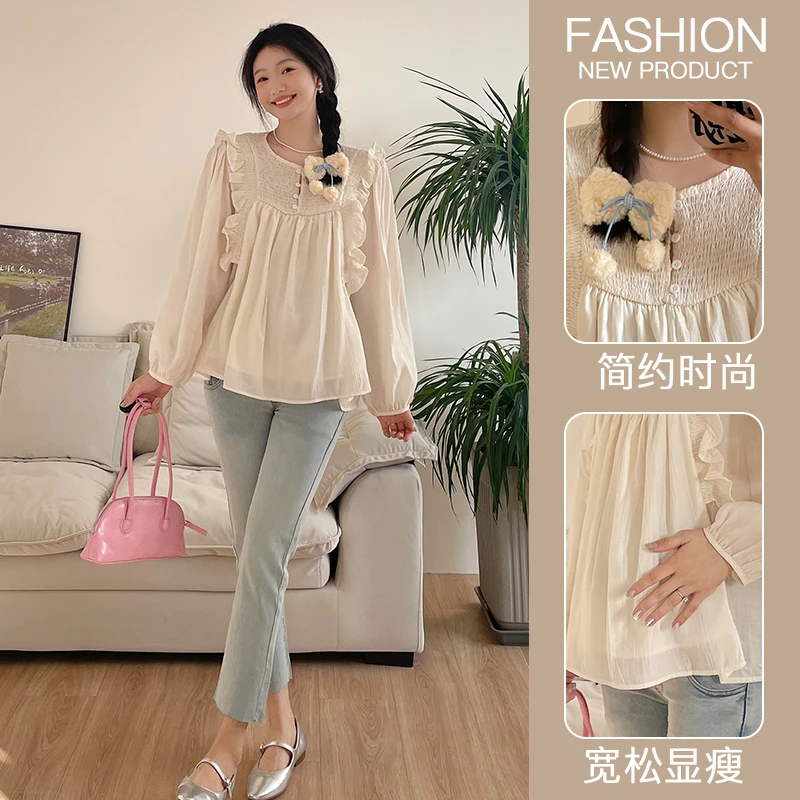 春季新款孕妇大码设计感甜美木耳边雪纺衫温柔孕妇宽松显瘦上衣女