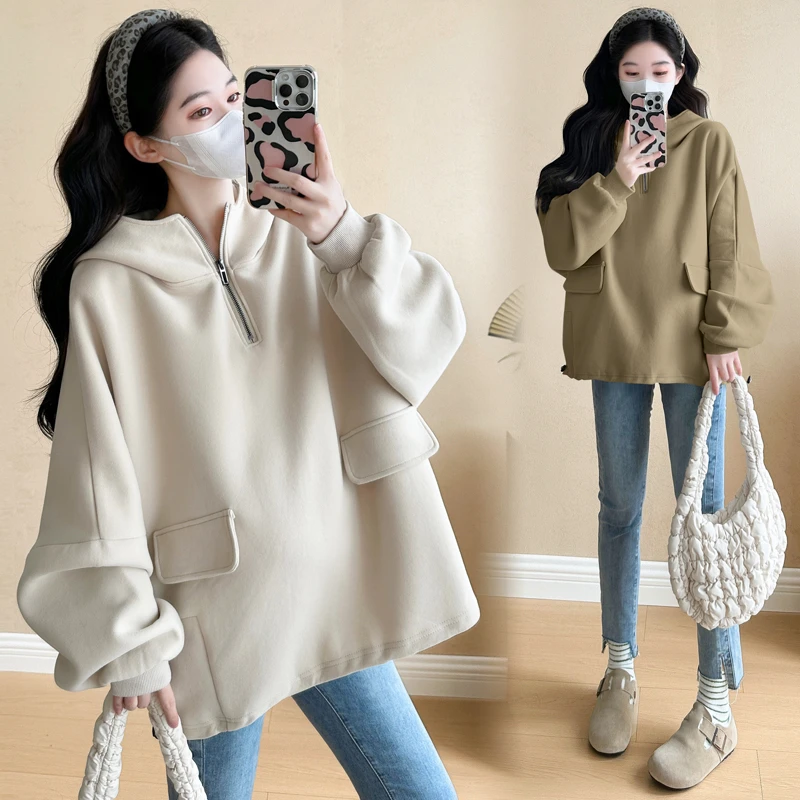 秋冬新款韩版时尚百搭加厚孕妇休闲连帽卫衣绒衫长袖时尚孕妇上衣