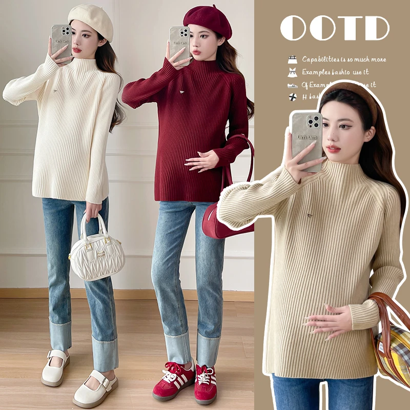 秋冬半高领孕妇毛衣百搭针织加厚保暖孕妇打底衫哺乳上衣外穿洋气