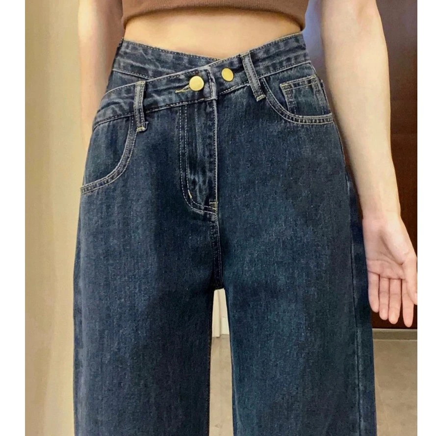 春秋高腰直筒牛仔裤女大码胖mm显瘦阔腿裤设计感交叉加绒长裤子冬