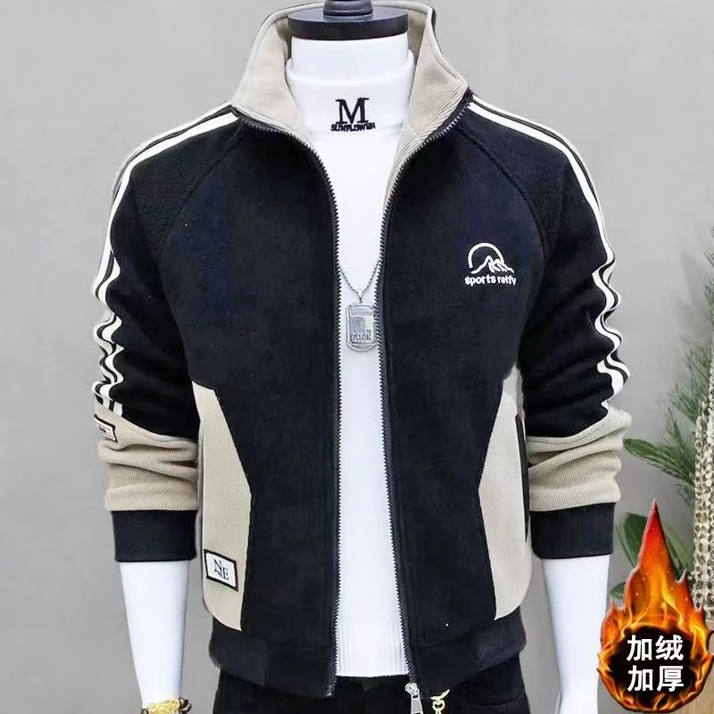 潮冬季新款高级感灯芯绒外套男修身痞帅加绒加厚保暖男士拉链夹克