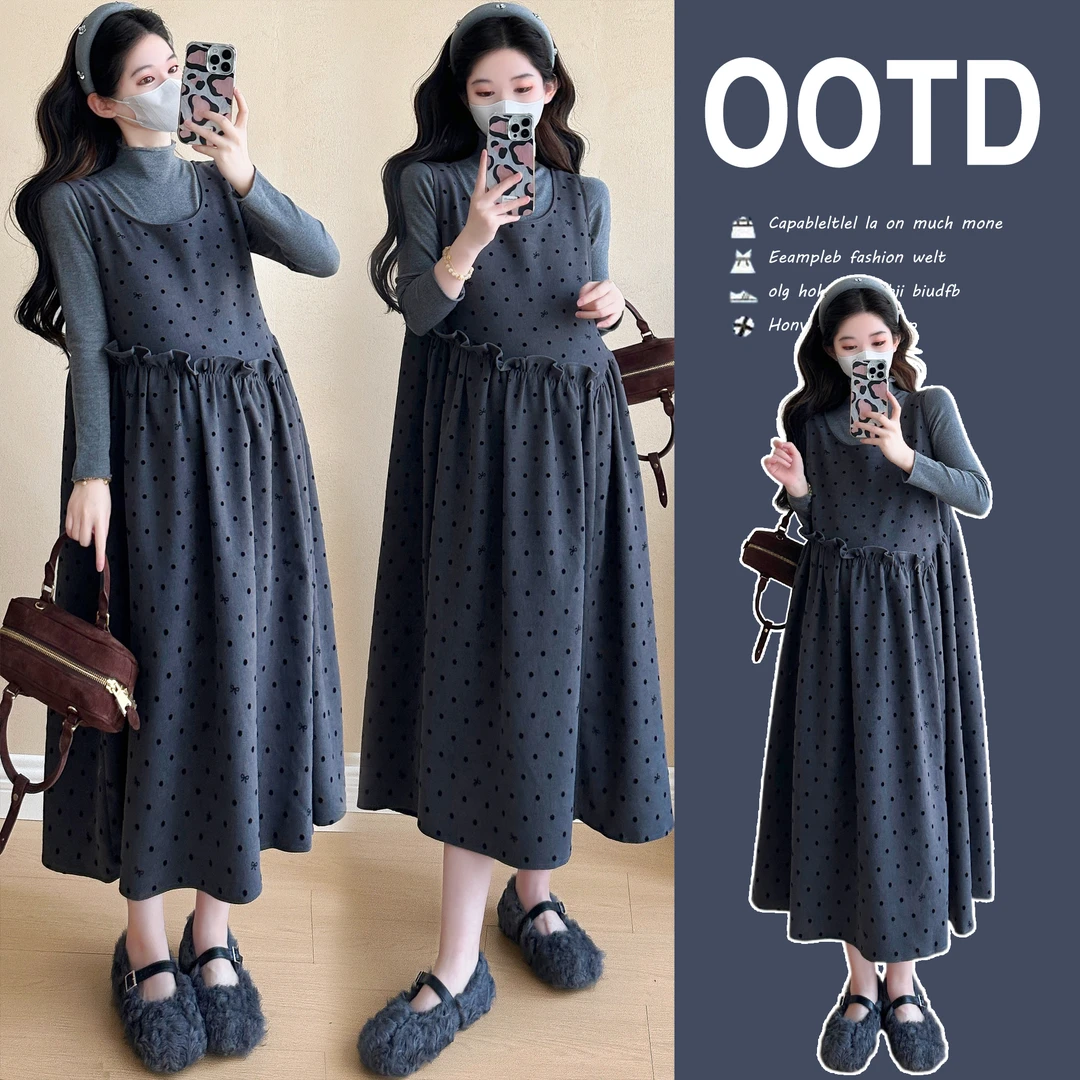 2024波点大码孕妇装秋冬蝴蝶结背心中长款宽松连衣裙配毛衣打底衫
