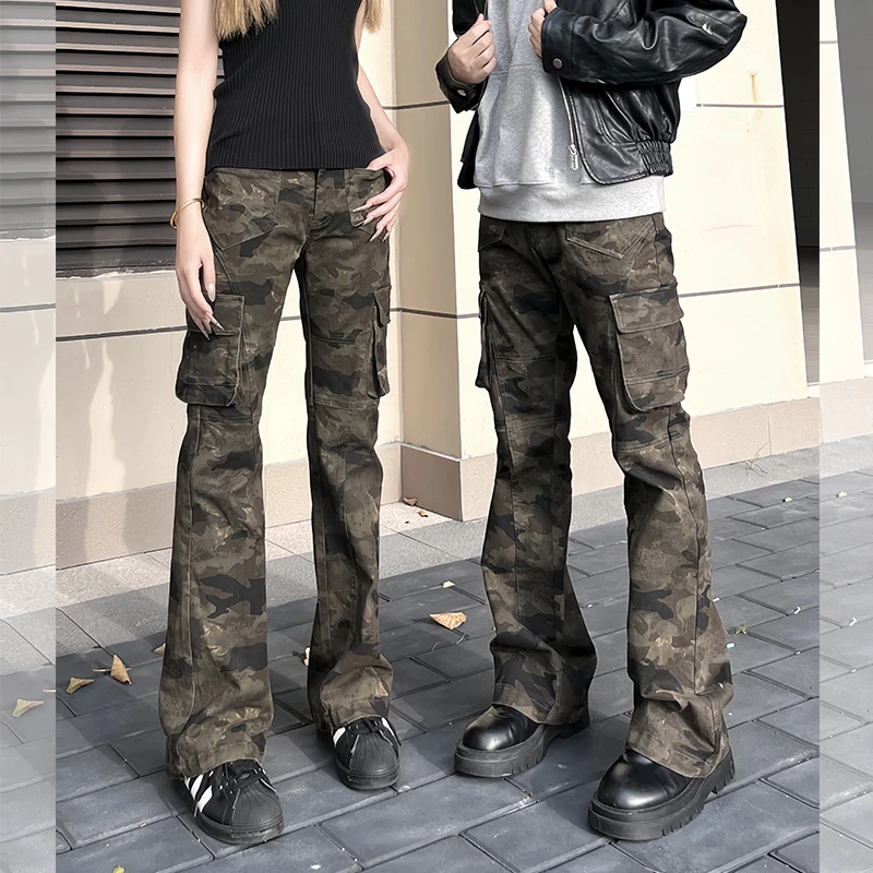 别放香菜微喇叭迷彩工装裤男女2025春季新款休闲马蹄裤子青少年